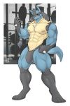  2022 abs alpha_pok&eacute;mon anthro big_bulge big_muscles bulge clothing fur genital_outline gym hi_res lucario male muscular muscular_anthro muscular_male navel nintendo nipples obliques pecs penis_outline pok&eacute;mon pok&eacute;mon_(species) quads simple_background solard0gg0 solo spikes spikes_(anatomy) standing thick_thighs thong tuft underwear video_games weights 