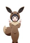  1girl :d black_hair blush_stickers brown_eyes commentary_request cosplay double_v eevee eevee_(cosplay) eevee_ears eevee_tail hands_up heart heart-shaped_pupils highres hood hood_up ika_daishougun long_sleeves looking_at_viewer onesie open_mouth poke_kid_(pokemon) pokemon pokemon_(game) pokemon_swsh short_hair simple_background smile solo symbol-shaped_pupils teeth thigh_gap tongue upper_teeth v white_background 