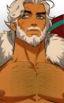  1boy bara beard blue_eyes chest_hair close-up cookie_run eggnog_cookie facial_hair kalium_(jojajoja99999) large_pectorals looking_to_the_side male_focus manly mature_male muscular muscular_male nipples old old_man pectorals smile solo white_hair 