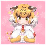  1girl :3 animal_ears animal_print black_hair blush commentary_request elbow_gloves extra_ears gloves kemono_friends mikan_toshi multicolored_hair musical_note necktie orange_hair plaid_necktie plaid_trim print_gloves red_necktie shirt short_hair short_sleeves sidelocks smile solo tiger_(kemono_friends) tiger_ears tiger_girl tiger_print translation_request white_hair white_shirt yellow_eyes 