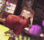  1boy abs animal_ears artist_name bara biceps blurry blurry_background commission flower grass hakama highres japanese_clothes jouvru male_focus muscular muscular_male nipples original outdoors pectoral_cleavage pectorals sandals socks solo topless topless_male white_hair wolf wolf_ears yellow_eyes 