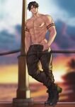  1boy abs artist_name bara biceps black_hair blurry blurry_background boots broad_shoulders cloud cloudy_sky commission ear_piercing earrings highres jewelry jouvru looking_at_viewer lying male_focus muscular muscular_male navel_piercing nipple_piercing nipples original outdoors pants pectoral_cleavage pectorals piercing pole sky smile solo sunset tattoo thick_arms topless topless_male 