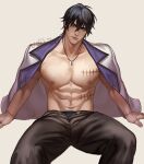  1boy abs artist_name bara black_hair cigarette commission green_eyes highres jacket jewelry jouvru looking_at_viewer male_focus male_underwear muscular muscular_male necklace nipples original pants pectoral_cleavage pectorals scar scar_on_arm scar_on_chest solo topless topless_male underwear 
