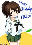  1girl absurdres arms_behind_back bangs birthday black_neckerchief black_ribbon blouse brown_eyes brown_hair character_name closed_mouth commentary cowboy_shot dated english_text food fruit girls_und_panzer green_skirt hair_ribbon happy_birthday highres koyama_yuzu long_sleeves looking_at_viewer medium_hair miniskirt neckerchief ooarai_school_uniform oritako pleated_skirt ribbon sailor_collar school_uniform serafuku short_ponytail skirt smile solo standing white_background white_blouse white_sailor_collar yuzu_(fruit) 