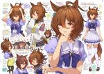  ! 5girls absurdres agnes_tachyon_(umamusume) ahoge animal_ears artist_logo artist_name bangs black_legwear breasts brown_footwear brown_hair chin_stroking closed_mouth coat daiwa_scarlet_(umamusume) earrings food frown fruit fuji_kiseki_(umamusume) highres horse_ears horse_girl horse_tail jewelry labcoat looking_at_viewer medium_breasts medium_hair multiple_girls narita_taishin_(umamusume) open_mouth orange_(fruit) outstretched_arms pleated_skirt puffy_short_sleeves puffy_sleeves sailor_collar school_uniform shoes short_sleeves single_earring skirt sleeves_past_fingers sleeves_past_wrists smile solo_focus speech_bubble spoken_exclamation_mark spread_arms sweater sweep_tosho_(umamusume) tail test_tube thighhighs tracen_school_uniform translation_request umamusume white_coat white_legwear white_skirt yanyo_(ogino_atsuki) yellow_sweater 