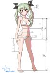  1girl absurdres anchovy_(girls_und_panzer) artist_name bangs barefoot bikini black_ribbon blush breasts brown_eyes closed_mouth commentary_request dated drill_hair drops_mint eyebrows_visible_through_hair full_body girls_und_panzer green_hair hair_ribbon highres light_frown long_hair looking_at_viewer medium_breasts navel partial_commentary ribbon signature solo standing swimsuit translated twin_drills twintails white_background white_bikini 