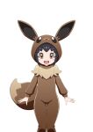  1girl :d black_hair blush_stickers brown_eyes commentary_request cosplay eevee eevee_(cosplay) eevee_ears eevee_tail highres hood hood_up ika_daishougun long_sleeves looking_at_viewer onesie open_mouth poke_kid_(pokemon) pokemon pokemon_(game) pokemon_swsh short_hair simple_background smile solo teeth thigh_gap tongue upper_teeth white_background 