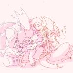  anthro bandai_namco blush cuddling cyberdramon digimon digimon_(species) group human male mammal monodramon muscular muscular_anthro muscular_male pecs ryo_akiyama sayeqoe4wdlaa23 sleeping sound_effects wings zzz 