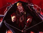  1boy abs artist_name bara blonde_hair bracelet chain collared_shirt ear_piercing earrings eyepatch fairy_tail falloutbart gauntlets gloves jacket jewelry laxus_dreyar looking_at_viewer male_focus manly mature_male muscular muscular_male open_clothes open_shirt piercing red_background scar scar_across_eye shirt smile thick_arms 