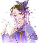  1girl black_hair bug butterfly butterfly_hair_ornament chinese_clothes colored_tips dress eyelashes facial_mark forehead_mark hair_ornament hand_fan hand_up hanfu holding holding_fan jewelry kimetsu_no_yaiba kochou_shinobu long_sleeves maosen multicolored_hair necklace purple_butterfly purple_eyes purple_hair purple_ribbon purple_theme red_lips ribbon shawl sketch smile solo updo upper_body 