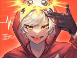  1boy bangs crazy_raccoon daruma_is_god eyebrows_behind_hair eyeshadow finger_gun finger_gun_to_head halo hood hood_up hoodie lookout_platform makeup male_focus open_mouth orange_eyes portrait red_background red_eyeshadow red_hoodie smile solo tongue tongue_out yaya_(88cha) 