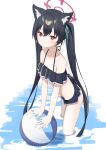  1girl alternate_costume animal_ear_fluff animal_ears ball bare_legs beachball bikini bikini_skirt black_hair black_swimsuit blue_archive cat_ears frilled_bikini frilled_swimsuit frills hair_between_eyes hair_ribbon halo highres leaning_forward light_blush long_hair looking_at_viewer pout red_eyes ribbon serika_(blue_archive) solo swimsuit syhan twintails wading water 