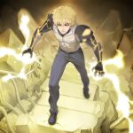  1boy abs belt blonde_hair closed_mouth commentary_request cyborg denim electricity full_body genos glowing jeans legs_apart lips male_focus miyo_(13th_floor) one-punch_man pants serious short_hair solo spikes stairs toned toned_male v-shaped_eyebrows yellow_eyes 