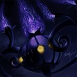  black_background chandelier chandelure commentary dark english_commentary fire glowing glowing_eyes luminoire no_humans pokemon pokemon_(creature) purple_fire purple_theme simple_background solo yellow_eyes 
