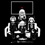  4girls alice_margatroid alternate_costume bangs bow braid closed_mouth collared_shirt commentary_request cookie_(touhou) couch crossed_arms crossed_legs cup expressionless fish formal full_body glasses gram_9 greyscale hair_bow hair_tubes hairband hakurei_reimu heart hinase_(cookie) horns ibuki_suika jacket katana kirisame_marisa long_hair looking_at_viewer monochrome multiple_girls pants reu_(cookie) rock shirt shoes short_hair side_braid simple_background single_braid sitting smile suit sword touhou undertale uzuki_(cookie) weapon yamin_(cookie) yunomi 