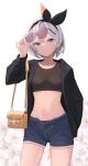  1girl absurdres alternate_costume bag bea_(pokemon) black_sweater blue_eyes bow breasts closed_mouth contemporary crop_top denim denim_shorts grey_hair hair_bow hand_in_pocket hand_on_eyewear handbag highres midriff navel open_fly pokemon pokemon_(game) pokemon_swsh purple_nails removing_eyewear short_hair short_shorts shorts small_breasts solo starfox1015 stomach sunglasses sweater tank_top 