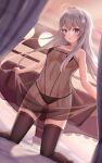  1girl :3 ahoge ass_visible_through_thighs bed_sheet black_legwear black_panties breasts bunny_hair_ornament commentary_request covered_navel curtains dress eyebrows_visible_through_hair fuli_(user_dxkx3245) grey_hair hair_between_eyes hair_ornament hair_over_shoulder heart heart-shaped_pupils highres indoors kneeling lifted_by_self light long_hair looking_at_viewer medium_breasts micro_bra navel open_mouth original panties pantyhose pillow red_eyes revealing_clothes see-through see-through_dress shadow silver_hair solo spread_legs symbol-shaped_pupils thick_eyelashes thighhighs underwear 