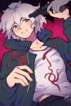  1boy 1other absurdres bangs collarbone danganronpa_(series) danganronpa_2:_goodbye_despair eyebrows_visible_through_hair green_jacket gun gun_to_head hair_between_eyes highres holding holding_gun holding_weapon hood hood_down jacket komaeda_nagito long_sleeves male_focus open_clothes open_jacket pants print_shirt shirt skull_ornament teeth upper_body weapon white_shirt yezhi_(48693232) 