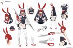 1girl animal_ears ass bare_shoulders boots character_name character_sheet commentary cross cross-laced_footwear english_commentary grin gunblade habit hair_bun highres knee_boots lace-up_boots leotard multiple_views original pouch rabbit_ears rabbit_girl rabbit_tail red_cross red_eyes red_hair scissor_blade sharp_teeth short_sleeves sidelocks simple_background smile tail teeth thigh_strap thighhighs thighhighs_under_boots unsomnus weapon white_background white_legwear 