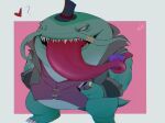  1boy ? bangs black_headwear brown_jacket brown_sclera coin colored_sclera colored_skin fish_boy fu_shi green_skin hat heart holding holding_coin jacket jewelry league_of_legends long_tongue pink_background ring sharp_teeth solo tahm_kench teeth thumb_ring tongue tongue_out top_hat vest white_background 