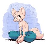  2022 ambiguous_gender anthro arctic_fox barefoot biped black_nose bodily_fluids canid canine cheek_tuft chest_tuft clothed clothing coveralls cute_fangs dirty disney elbow_tuft facial_tuft feet fox fuel_(artist) fur hammer head_tuft hi_res inner_ear_fluff inside lamp looking_at_viewer mammal open_mouth open_smile screwdriver signature sitting skye_(zootopia) smile solo sweat toolbox tools topless trash_can tuft white_body white_fur workbench wrench zootopia 