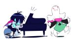  2022 black_hair blue_body blue_skin bovid caprine dancing darkner deltarune drawloverlala fur goat hair happy hi_res humanoid keyboard_instrument kris_(deltarune) lancer_(deltarune) male mammal musical_instrument parody peanuts_(comic) piano playing_music ralsei toony undertale_(series) video_games white_body white_fur 