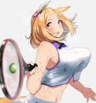  1girl animal_ears ball bangs bare_shoulders blonde_hair blurry blush bouncing_breasts breasts crop_top depth_of_field ear_covers from_side horse_ears horse_girl horse_tail komb large_breasts midriff multicolored_eyes narita_top_road_(umamusume) navel open_mouth parted_bangs racket see-through_silhouette shirt sideboob sleeveless sleeveless_shirt solo sportswear sweat tail taut_clothes taut_shirt tennis tennis_ball tennis_racket tennis_uniform umamusume upper_body 