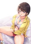  1girl :d absurdres bangs bare_shoulders bed blue_eyes breasts brown_hair buruma cameltoe cleavage highres hololive jacket kusana_(dudqja602) large_breasts long_sleeves looking_at_viewer navel oozora_subaru open_clothes open_jacket open_mouth red_buruma shirt shoes short_hair sitting sleeveless sleeveless_shirt smile sneakers solo track_uniform virtual_youtuber whistle whistle_around_neck white_footwear white_shirt yellow_jacket 