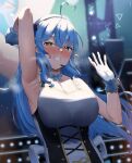 1girl ahoge arm_up armpits bangs blue_bow blue_hair blurry blurry_background blush bow bra_visible_through_clothes breasts cleavage collarbone commentary_request crossed_bangs dress eyebrows_visible_through_hair frikulu frilled_dress frills gloves hair_between_eyes hairband hand_up heart_ahoge heavy_breathing highres hololive large_breasts long_hair looking_at_viewer microphone official_alternate_costume pointy_ears presenting_armpit shadow sidelocks sleeveless solo sparkle stage steaming_body sweat sweatdrop teeth upper_body virtual_youtuber white_dress white_gloves yellow_eyes yukihana_lamy 