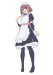  1girl absurdres apron baffu bangs blue_eyes blush breasts brown_hair commentary_request eyebrows_visible_through_hair highres hitoyo_(baffu) large_breasts looking_at_viewer maid maid_apron maid_headdress open_mouth original short_hair solo solo_focus white_background 