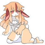  2021 anthro bangs blush breasts brown_ears brown_highlights clothed clothing countershade_arms countershade_face countershade_feet countershade_legs countershade_tail countershade_torso countershading digital_media_(artwork) feet female fur hair highlights_(coloring) kemono kneeling lagomorph leporid mammal orange_hair pink_eyes pizademokttero rabbit scut_tail short_tail simple_background solo tan_body tan_clothing tan_fur white_background white_body white_countershading white_fur 