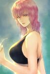  1girl bangs bikini black_bikini blue_background breasts cup drinking_straw expressionless eyebrows_behind_hair from_side gundam gundam_zz haman_karn highres holding holding_cup large_breasts looking_back medium_hair pink_hair solo swimsuit takeda_yuuko upper_body 