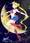  1girl bishoujo_senshi_sailor_moon blonde_hair blue_eyes blue_sailor_collar blue_skirt bow choker commentary_request crescent_moon dated double_bun full_body gloves heart heart_choker highres kagawa_hisashi leotard long_hair looking_at_viewer moon red_bow red_choker red_footwear sailor_collar sailor_moon sailor_senshi_uniform scepter signature skirt smile solo tsukino_usagi white_gloves white_leotard 