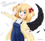  1girl :d anniversary bangs black_feathers black_wings blonde_hair blue_eyes blush bow brown_jacket commentary_request eyebrows_visible_through_hair feathered_wings feathers frilled_shirt frills hair_bow jacket long_sleeves looking_at_viewer maaru_(shironeko_project) mismatched_wings mitya open_clothes open_jacket outstretched_arms overall_skirt red_bow shironeko_project shirt simple_background sleeves_past_wrists smile solo teeth twitter_username two_side_up upper_teeth white_background white_feathers white_shirt white_wings wings 