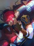  2girls arcane:_league_of_legends arcane_caitlyn arcane_vi baronessgremlin blue_eyes blue_hair caitlyn_(league_of_legends) couple fingerless_gloves freckles gloves hand_wraps highres holding_hands hood jacket league_of_legends looking_at_another lying multiple_girls pink_hair short_hair smile upper_body vi_(league_of_legends) wrist_wrap yuri 