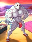  2022 abs anthro balls barazoku beach beard beverage_can biceps big_balls big_bulge big_muscles big_penis black_sclera blue_stripes bodily_fluids bulge claws clothing cooler detailed_background eyebrows facial_hair felid flaccid flexing footwear fur genitals hair hi_res huge_muscles humanoid_genitalia humanoid_penis ice ineffective_clothing male mammal muscular muscular_anthro muscular_male nipples obliques outside pantherine pecs penis quads red_eyes sand sandals seaside shadow sky solo standing striped_body striped_fur stripes sun sunset sweat thong tiger towel tuft umbrella underwear vein water white_body white_eyebrows white_fur white_hair zourik 