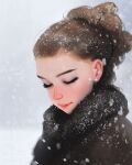  1girl brown_hair closed_eyes closed_mouth earrings freckles highres jewelry lips medium_hair sam_yang snow snowing solo white_background winter 
