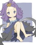  1girl :3 absurdres acerola_(pokemon) barefoot blue_background blue_dress blush_stickers breasts cleavage closed_mouth collarbone commentary_request dress forehead full_body hair_ornament highres knees_up looking_at_viewer pokemon pokemon_(game) pokemon_sm purple_eyes purple_hair rururu_(pyrk8855) signature small_breasts solo two-tone_background white_background 