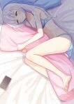  1girl bare_legs bed belly blue_bra blue_panties blush bra breasts cellphone dakimakura_(medium) enokitake grey_hair half-closed_eyes long_hair lying medium_breasts on_side original panties phone smartphone soles solo underwear white_hair yellow_eyes 