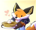  &lt;3 2022 anthro beady_eyes black_ears black_nose canid canine cheek_tuft clothed clothing dairy_products dessert digital_media_(artwork) dipstick_tail epic_games facial_tuft fennix_(fortnite) fingers food fortnite fox fur gloves handwear head_tuft holding_object holding_plate jumpsuit leo-wolf male mammal markings orange_body orange_fur pi_(symbol) pie_(food) plate simple_background smile solo tail_markings tongue tongue_out tuft video_games whipped_cream 