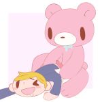  blonde_hair blue_clothing bodily_fluids clothed clothing drooling duo fur genitals gloomy_bear hair human linen_lolita male male/male mammal open_mouth penis penis_on_butt pink_body pink_fur saliva simple_background ursid white_background young 