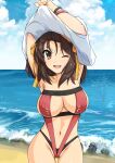  1girl ;d armpits arms_up ass beach blue_sky bow bracelet breasts brown_eyes brown_hair cloud collarbone commentary_request day eyebrows_visible_through_hair hairband haruhisky highres horizon jewelry large_breasts looking_at_viewer medium_hair navel ocean one-piece_swimsuit one_eye_closed open_mouth orange_bow orange_hairband outdoors red_swimsuit sand shirt sky smile solo standing stomach suzumiya_haruhi suzumiya_haruhi_no_yuuutsu swimsuit t-shirt thigh_gap undressing water white_shirt 