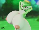  &lt;3 2022 3d_(artwork) areola big_breasts blush breasts digital_media_(artwork) english_text eyebrows eyelashes female front_view gardevoir green_hair hair hands_behind_head huge_breasts humanoid looking_at_viewer nintendo nipples not_furry nude pink_areola pink_nipples pok&eacute;mon pok&eacute;mon_(species) red_eyes simple_background skindentation smile solo text video_games white_body za_barro 