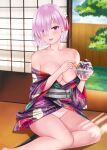 1girl absurdres bangs bare_shoulders blush breasts cleavage collarbone fate/grand_order fate_(series) hair_over_one_eye highres large_breasts light_purple_hair looking_at_viewer mash_kyrielight open_mouth purple_eyes revision short_hair smile solo yayanri 