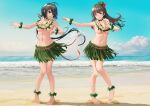  2girls absurdres ahoge areolae bangs beach black_hair blue_eyes blue_sky breasts choukai_(kancolle) choukai_kai_ni_(kancolle) cloud dancer dancing day flower flower_necklace gibun_(sozoshu) glasses grass_skirt highres hula jewelry kako_(kancolle) kako_kai_ni_(kancolle) kantai_collection large_breasts long_hair medium_breasts messy_hair multiple_girls navel necklace ocean outdoors parted_bangs ponytail red_eyes sky very_long_hair waves 