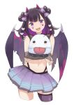  1girl :d absurdres bare_shoulders black_choker black_hair bow bridal_gauntlets choker colored_inner_hair crop_top cropped_legs demon_girl demon_horns demon_wings dongbu facial_mark hair_bow hair_rings highleg highres horns indie_virtual_youtuber league_of_legends looking_at_viewer midriff miniskirt multicolored_hair navel pleated_skirt poro_(league_of_legends) purple_eyes purple_legwear purple_skirt revealing_clothes short_hair single_thighhigh skirt sleeveless smile solo stomach streaked_hair thighhighs two-tone_hair virtual_youtuber wings 
