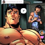  2boys ? absurdres artist_name bara black_hair black_pants blue_eyes blue_tank_top blush bowl clark_kent closed_mouth cover_them_up_slut_(meme) dc_comics dialogue_box highres holding holding_bowl holding_spoon jonathan_kent large_pectorals looking_at_another looking_at_viewer male_focus meme multiple_boys muscular muscular_male nipples open_mouth pants pectoral_focus pectorals phaustok short_hair spoon superman_(series) tank_top tiktok upper_body 