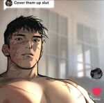  1boy bara cover_them_up_slut_(meme) cross_scar eyebrow_cut highres indoors looking_at_viewer male_focus meme muscular muscular_male original pectorals quietgom scar scar_on_chest scar_on_face scar_on_mouth short_hair sideburns solo sunlight upper_body wide-eyed 