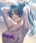  1girl absurdres arms_up blue_hair breasts commentary elira_pendora green_eyes hair_ornament hair_over_one_eye hair_tie hairclip head_wings highres jellen_aura large_breasts long_hair looking_at_viewer mole nijisanji nijisanji_en solo upper_body virtual_youtuber 