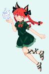  1girl :3 animal_ear_fluff animal_ears bad_id bad_pixiv_id bangs black_bow black_footwear black_ribbon blunt_bangs blush_stickers bow bowtie braid bright_pupils cat_ears closed_mouth dress eyebrows_visible_through_hair frilled_dress frills full_body green_dress hair_bow hand_up highres hitodama kaenbyou_rin leg_ribbon long_hair looking_at_viewer nekomata one_eye_closed red_bow red_bowtie red_eyes red_hair ribbon sandals solo touhou twin_braids white_pupils you_taira 